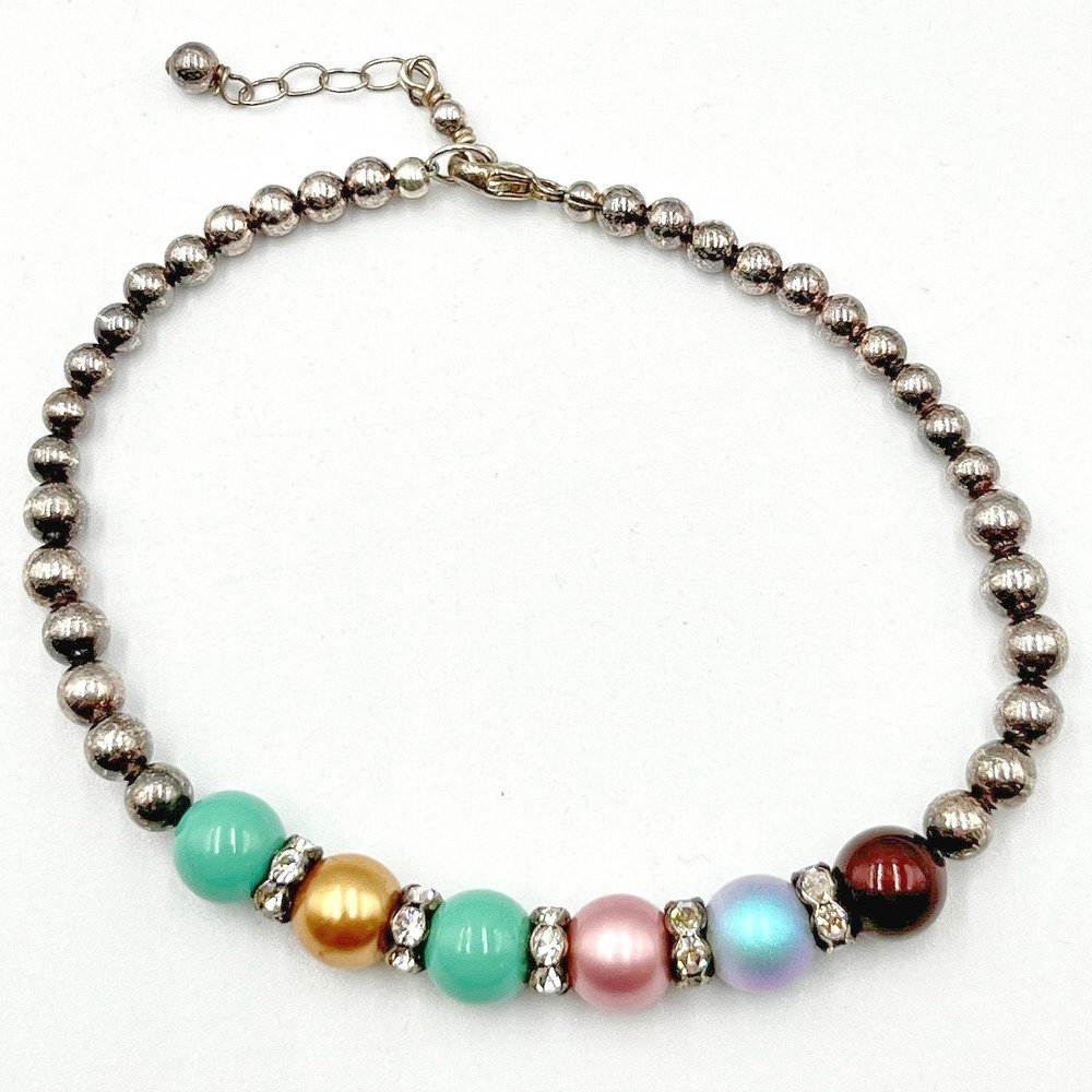 Vintage Silver Tone Multi Color Faux Pearl Bead Rhinestone Bracelet Extender Y2K
